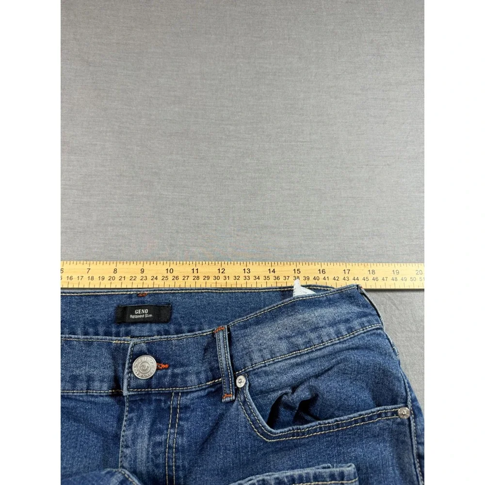 True Religion Geno Relaxed Slim Jeans Mens 37x31 Blue Excellent Horseshoe Stitch